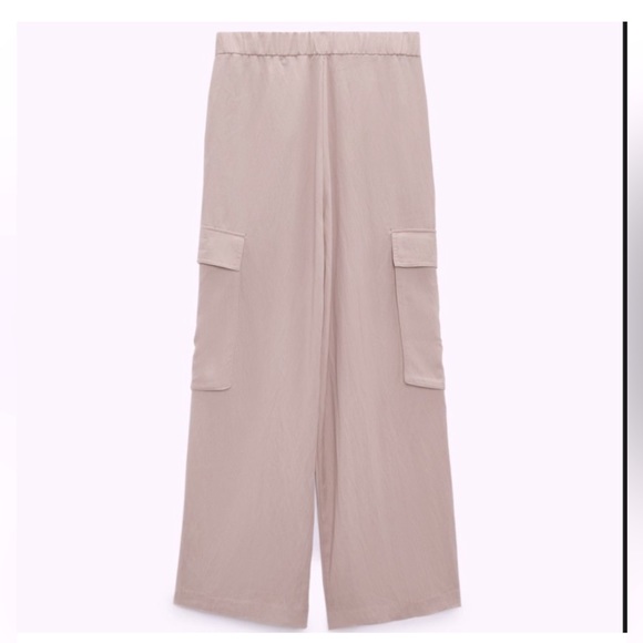 ZARA Dusty Rose Asymmetrical Elastic Waist Wide Leg Cargo Utility Pants - Picture 4 of 7